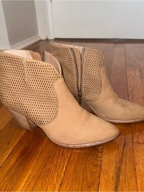 FRYE AND CO. Tan Perforated Suede Ankle Booties with Side Zip